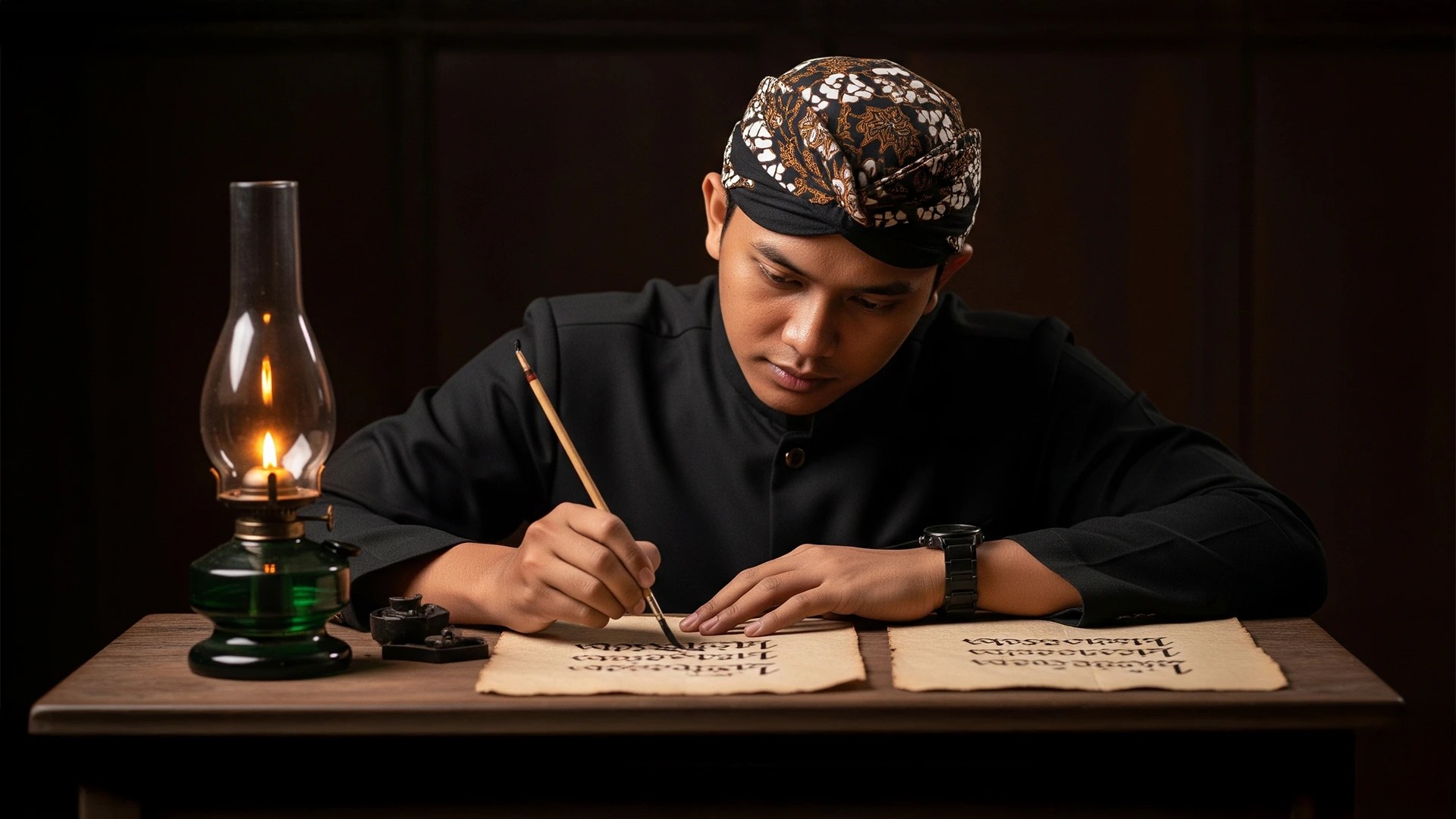 Seorang pemuda Jawa menulis aksara Jawa dengan kuas di atas kertas kuno, diterangi cahaya lampu minyak, suasana hangat dan tradisional penuh makna budaya