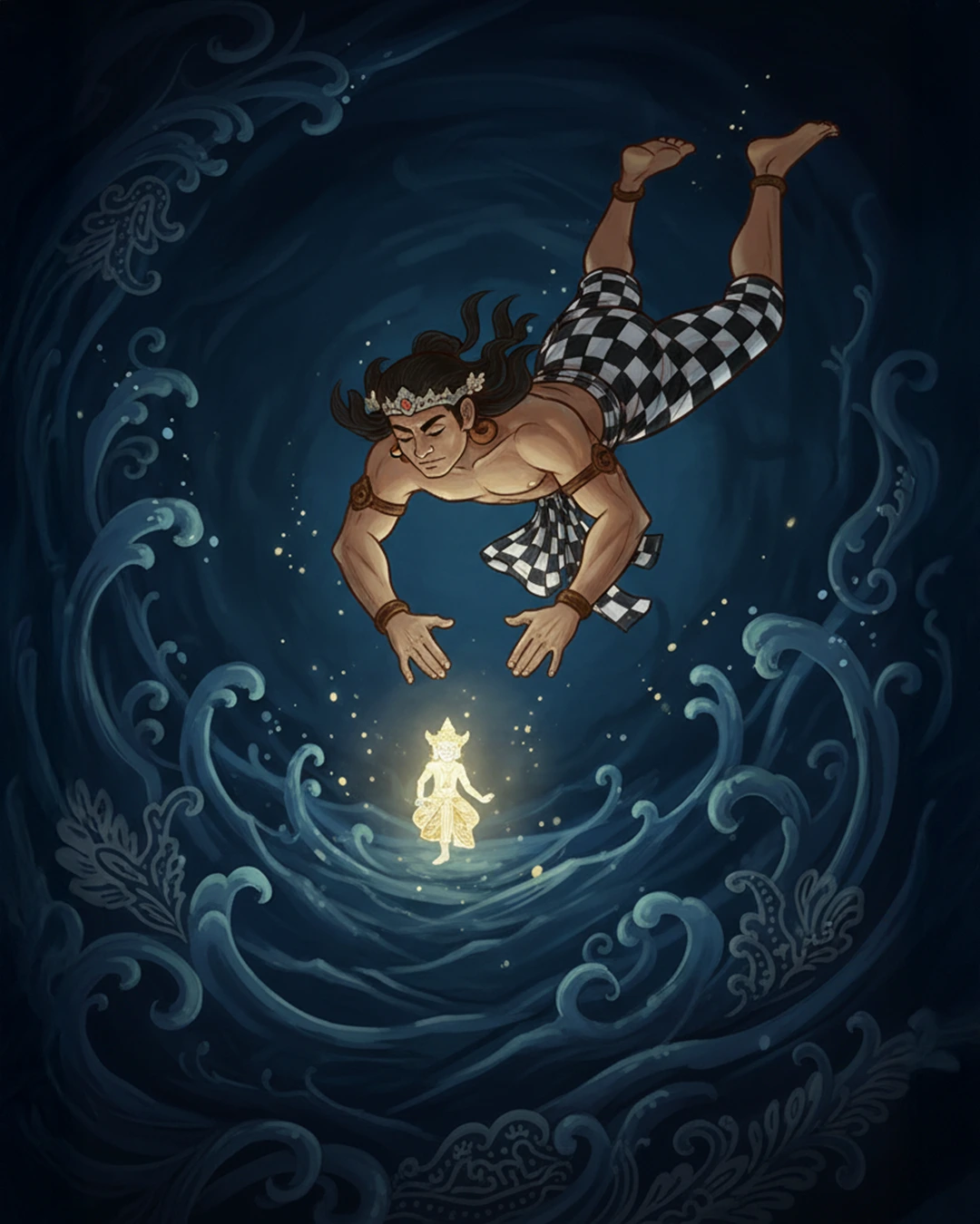 Wayang: Cermin Laku - Wejangan Ky Tutur untuk Menang Perang Batin - Kaweruh Jawa Ilustrasi Bima menyelam di samudra batin dan berjumpa Dewa Ruci sebagai simbol menemukan guru sejati di dalam diri